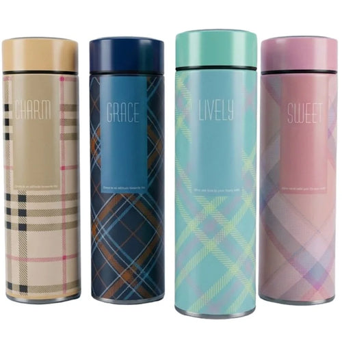 LED Temperature Display Water Bottle | Checkered Design  | Smart Stainless Steel Vacuum 500ml Flask | Random Color